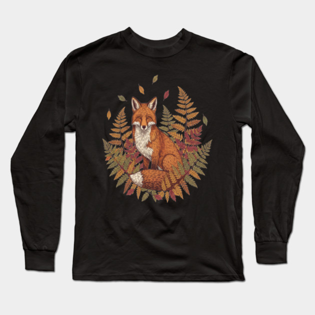 Vintage Red Fox with Autumn Long Sleeve T-Shirt by BirdsnStuff