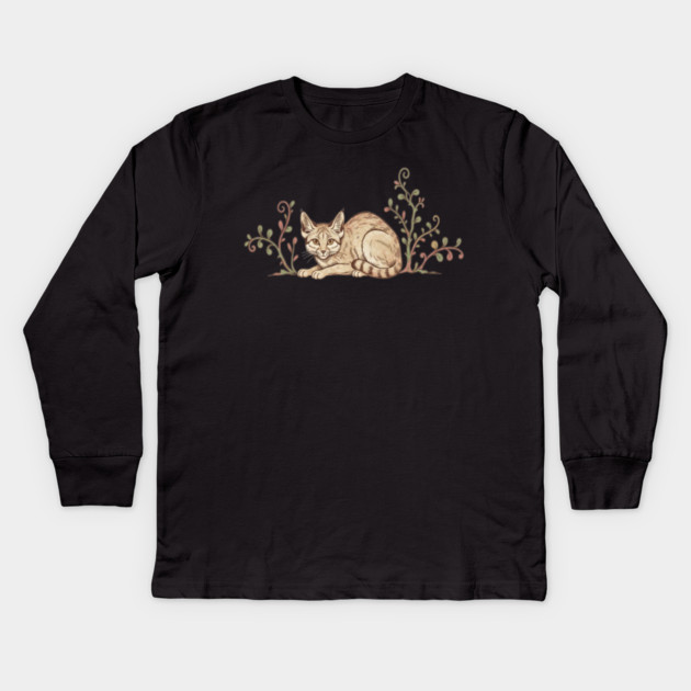 Vintage Sand Cat with Desert Shrubs Kids Long Sleeve T-Shirt by BirdsnStuff