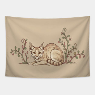 Vintage Sand Cat with Desert Shrubs Tapestry