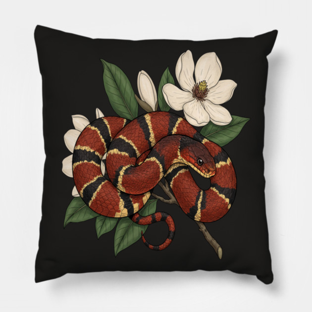 Vintage Scarlet Kingsnake with Magnolias Pillow by BirdsnStuff
