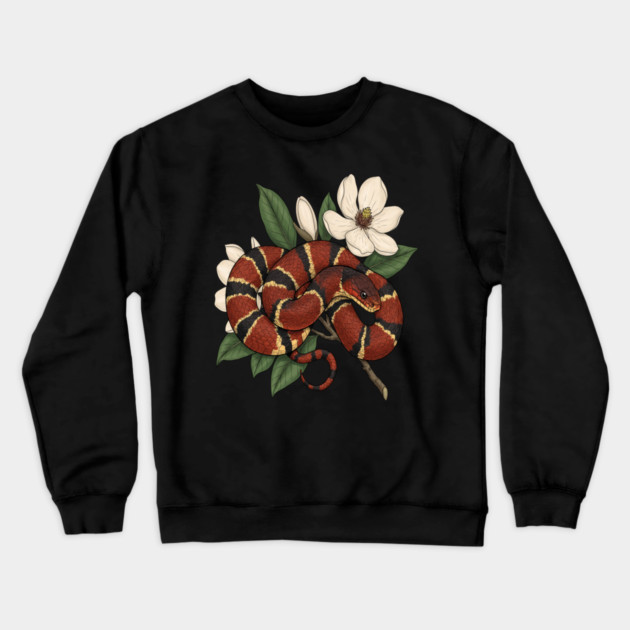 Vintage Scarlet Kingsnake with Magnolias Crewneck Sweatshirt by BirdsnStuff