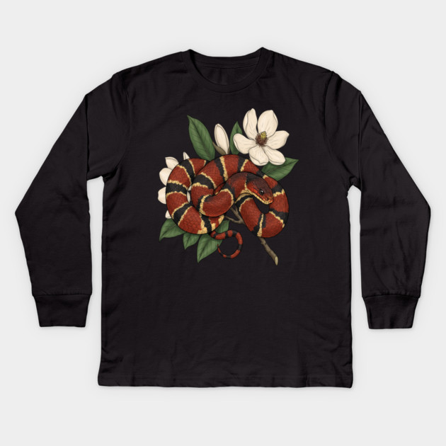 Vintage Scarlet Kingsnake with Magnolias Kids Long Sleeve T-Shirt by BirdsnStuff