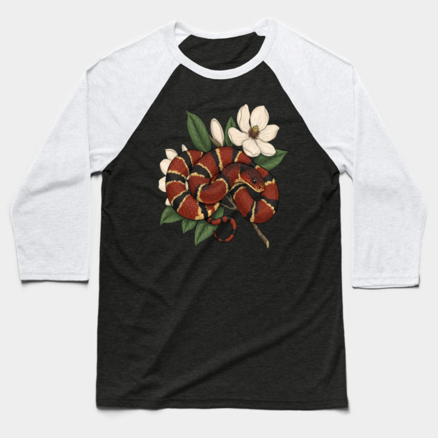 Vintage Scarlet Kingsnake with Magnolias Baseball T-Shirt by BirdsnStuff