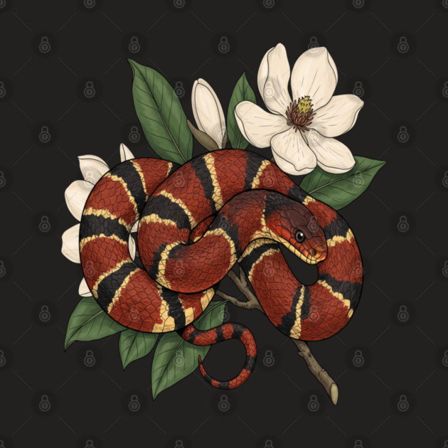 Vintage Scarlet Kingsnake with Magnolias by BirdsnStuff