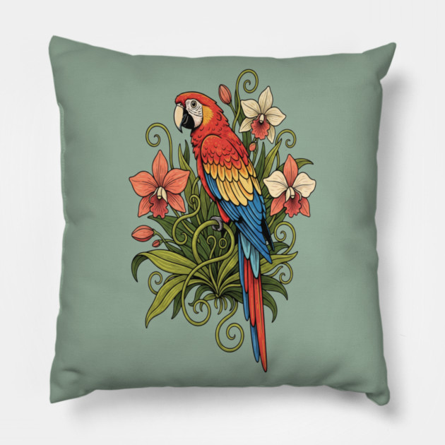 Vintage Scarlet Macaw with Jungle Orchids Pillow by BirdsnStuff