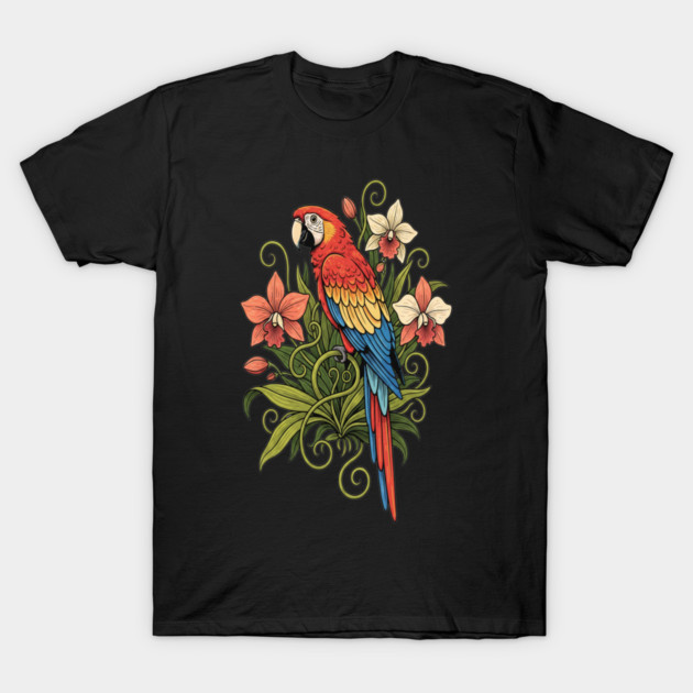 Vintage Scarlet Macaw with Jungle Orchids T-Shirt by BirdsnStuff
