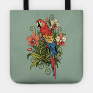 Vintage Scarlet Macaw with Jungle Orchids Tote