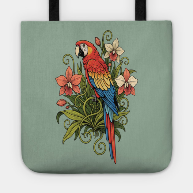 Vintage Scarlet Macaw with Jungle Orchids Tote by BirdsnStuff