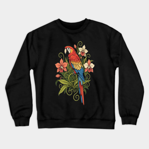 Vintage Scarlet Macaw with Jungle Orchids Crewneck Sweatshirt by BirdsnStuff