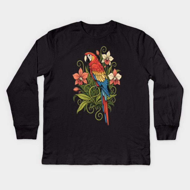Vintage Scarlet Macaw with Jungle Orchids Kids Long Sleeve T-Shirt by BirdsnStuff