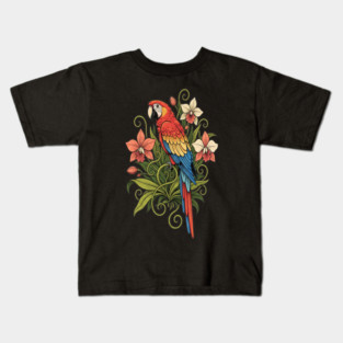 Vintage Scarlet Macaw with Jungle Orchids Kids T-Shirt