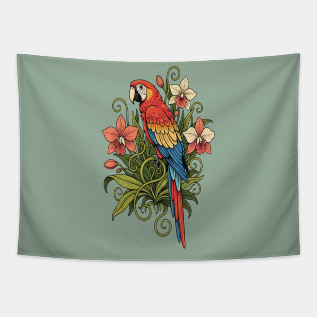 Vintage Scarlet Macaw with Jungle Orchids Tapestry by BirdsnStuff