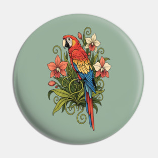 Vintage Scarlet Macaw with Jungle Orchids Pin