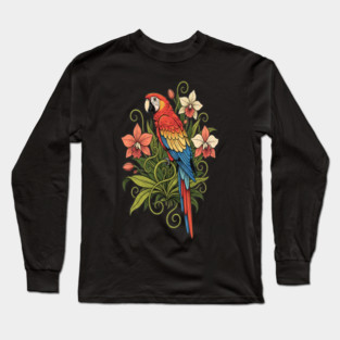 Vintage Scarlet Macaw with Jungle Orchids Long Sleeve T-Shirt