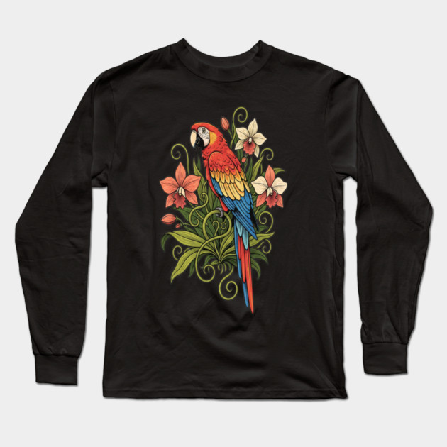 Vintage Scarlet Macaw with Jungle Orchids Long Sleeve T-Shirt by BirdsnStuff