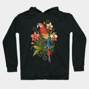 Vintage Scarlet Macaw with Jungle Orchids Hoodie