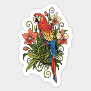 Vintage Scarlet Macaw with Jungle Orchids Magnet