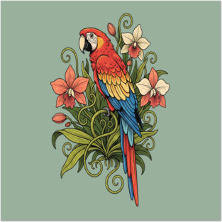 Vintage Scarlet Macaw with Jungle Orchids Posters and Art