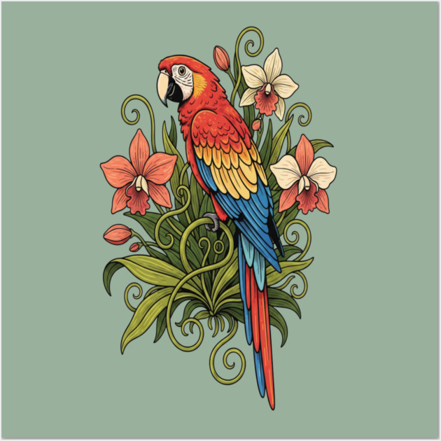 Vintage Scarlet Macaw with Jungle Orchids Wall Art by BirdsnStuff