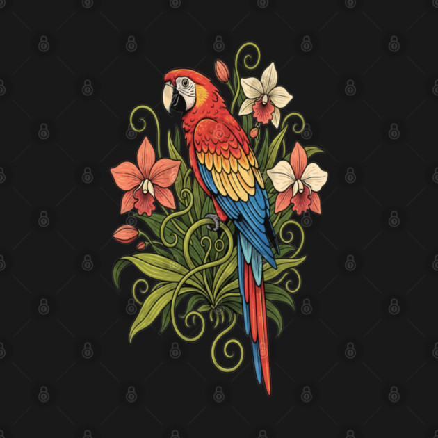 Vintage Scarlet Macaw with Jungle Orchids by BirdsnStuff