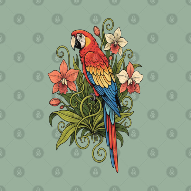 Vintage Scarlet Macaw with Jungle Orchids by BirdsnStuff