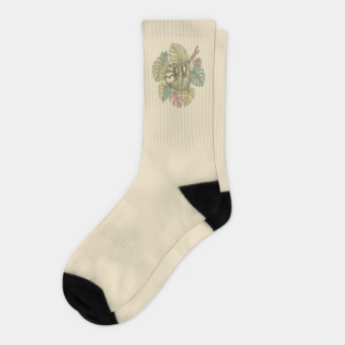 Vintage Sloth with Tropical Monstera Leaves Socks
