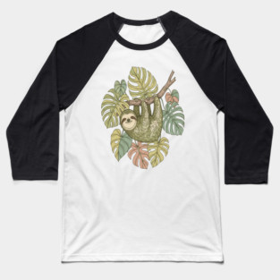 Vintage Sloth with Tropical Monstera Leaves Baseball T-Shirt