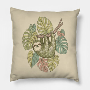 Vintage Sloth with Tropical Monstera Leaves Pillow