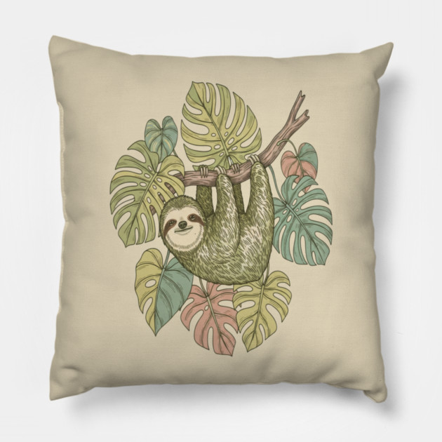 Vintage Sloth with Tropical Monstera Leaves Pillow by BirdsnStuff