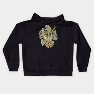 Vintage Sloth with Tropical Monstera Leaves Kids Hoodie