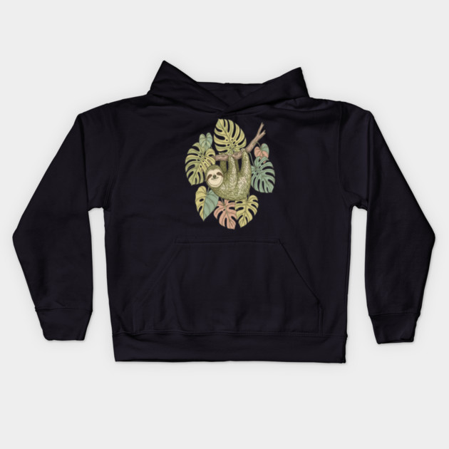 Vintage Sloth with Tropical Monstera Leaves Kids Hoodie by BirdsnStuff
