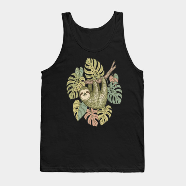 Vintage Sloth with Tropical Monstera Leaves Tank Top by BirdsnStuff