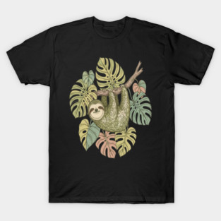 Vintage Sloth with Tropical Monstera Leaves T-Shirt