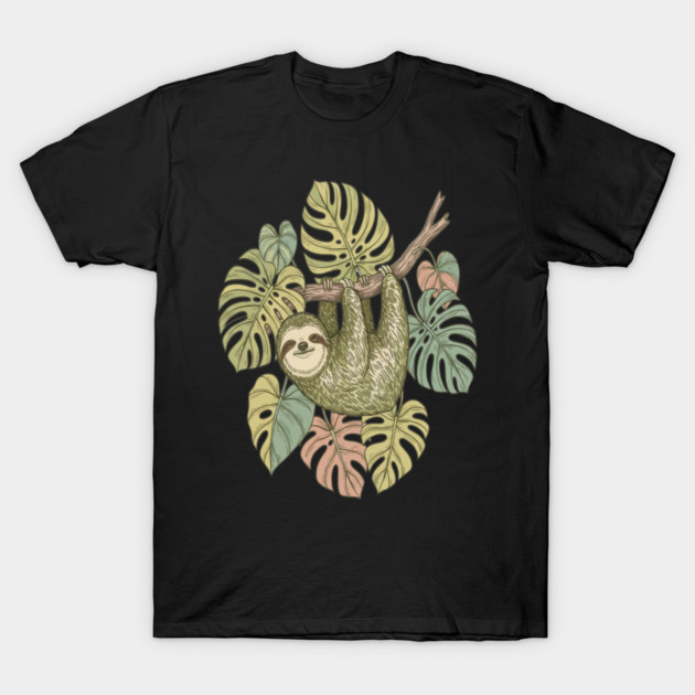 Vintage Sloth with Tropical Monstera Leaves T-Shirt by BirdsnStuff