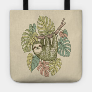 Vintage Sloth with Tropical Monstera Leaves Tote