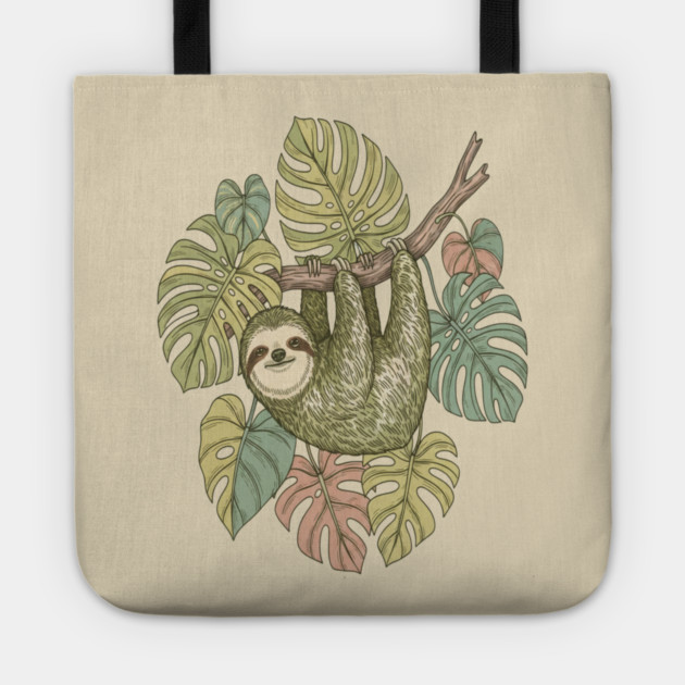 Vintage Sloth with Tropical Monstera Leaves Tote by BirdsnStuff