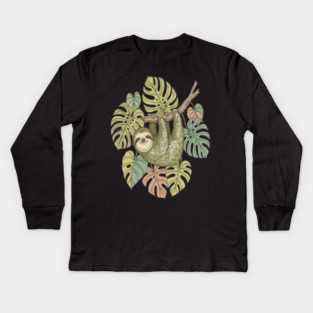 Vintage Sloth with Tropical Monstera Leaves Kids Long Sleeve T-Shirt