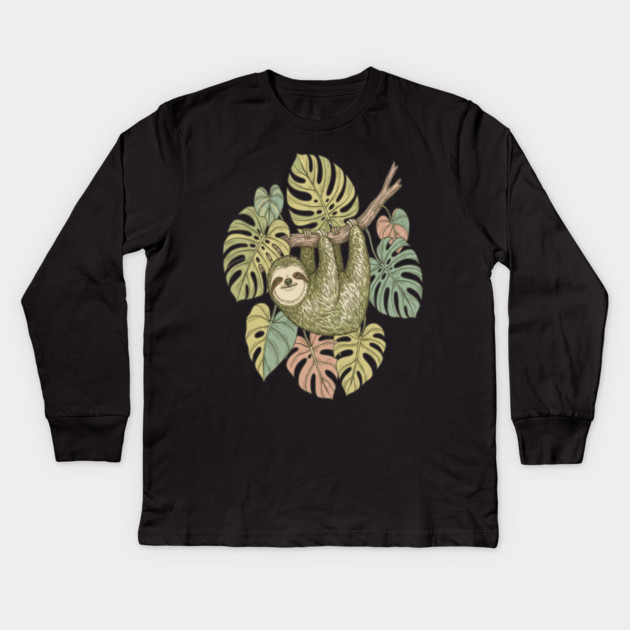 Vintage Sloth with Tropical Monstera Leaves Kids Long Sleeve T-Shirt by BirdsnStuff