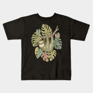 Vintage Sloth with Tropical Monstera Leaves Kids T-Shirt