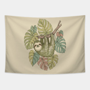 Vintage Sloth with Tropical Monstera Leaves Tapestry