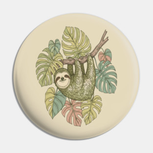 Vintage Sloth with Tropical Monstera Leaves Pin