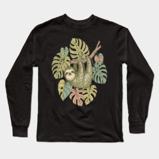 Vintage Sloth with Tropical Monstera Leaves Long Sleeve T-Shirt