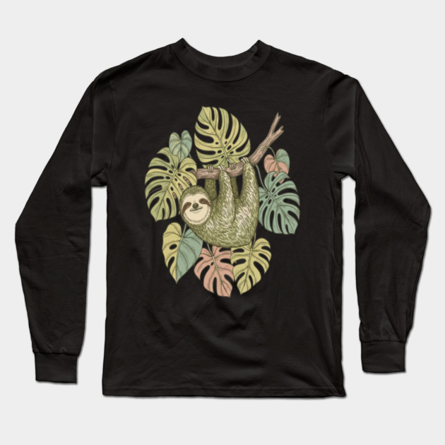 Vintage Sloth with Tropical Monstera Leaves Long Sleeve T-Shirt by BirdsnStuff