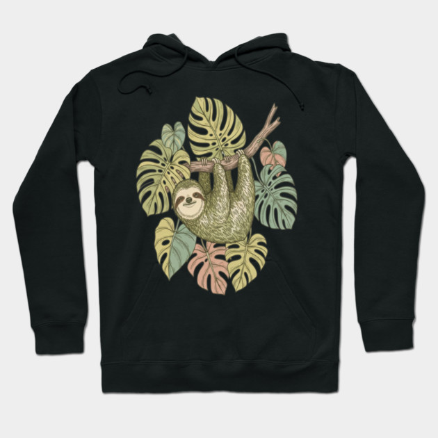 Vintage Sloth with Tropical Monstera Leaves Hoodie by BirdsnStuff
