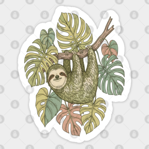 Vintage Sloth with Tropical Monstera Leaves Sticker by BirdsnStuff