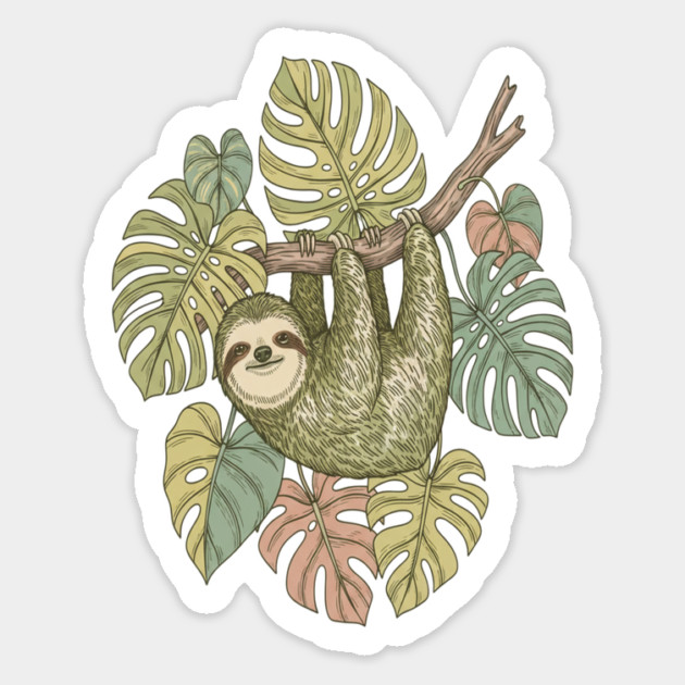 Vintage Sloth with Tropical Monstera Leaves Magnet by BirdsnStuff