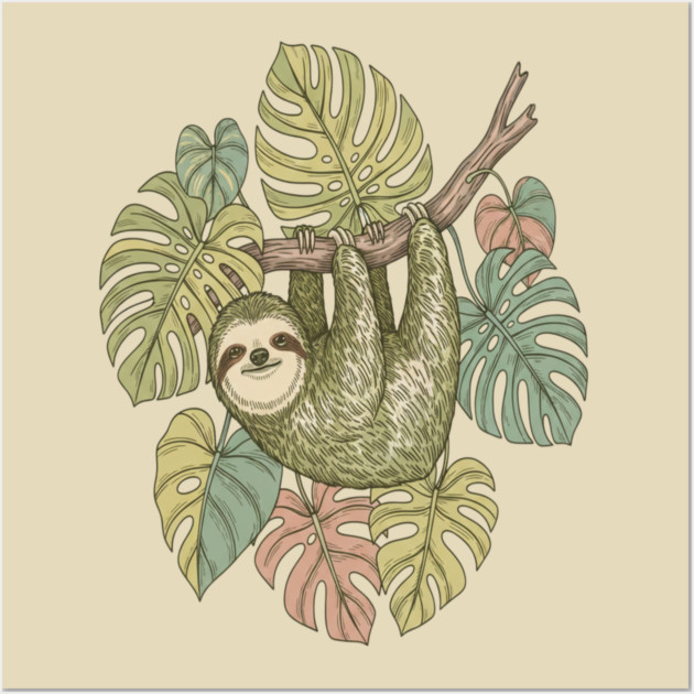 Vintage Sloth with Tropical Monstera Leaves Wall Art by BirdsnStuff