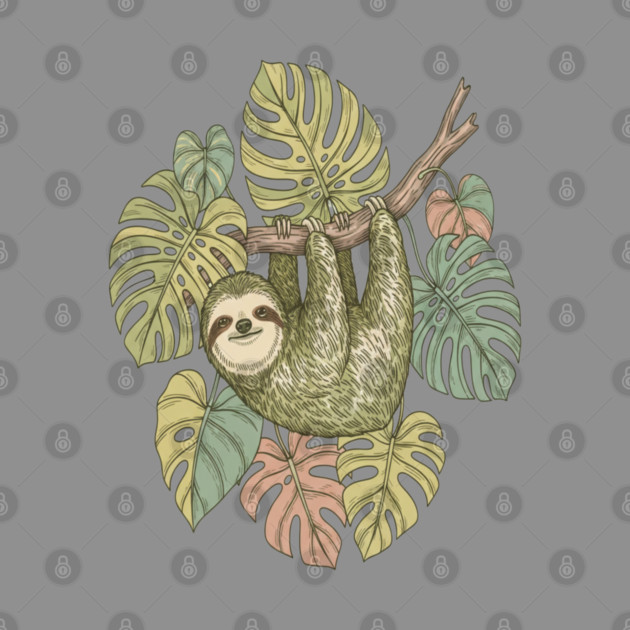 Vintage Sloth with Tropical Monstera Leaves by BirdsnStuff