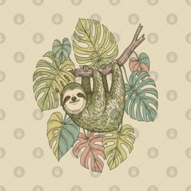 Vintage Sloth with Tropical Monstera Leaves by BirdsnStuff