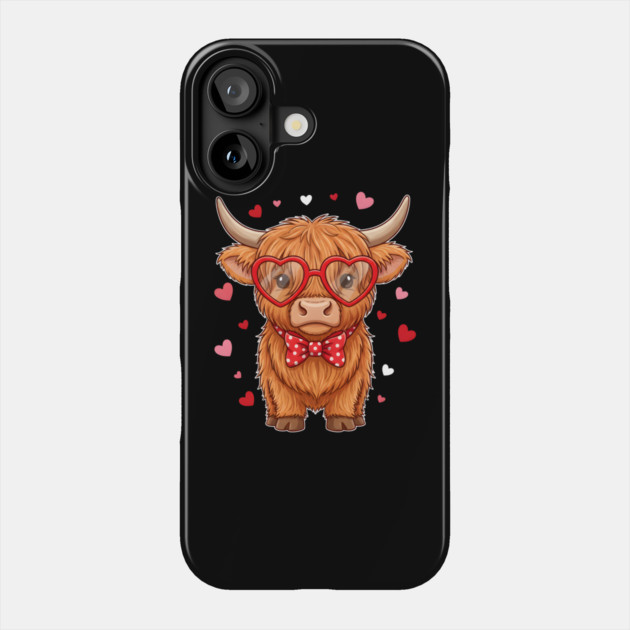 Valentine's Day Highland Cow with Heart Glasses and Bowtie Phone Case by Creatifly Graphic Tees